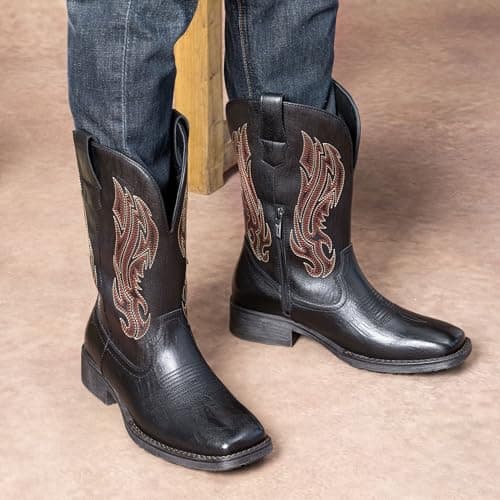 Jousen Cowboy Boots for Men Embroidery Men's Western Boots Retro Square Toe Mens Boot Botas(AMY8420 blackpu 10) - Thumbnail 2