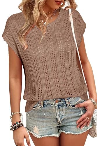 Arach&Cloz Womens Spring Summer 2024 Sweater Vest Cap Sleeve Crew Neck Fashion Casual Sleeveless Trendy Crochet Tops Clothes Vacation Resort Outfits Camel - Image 1