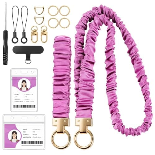 Scrunchie Lanyard with ID Holder Teacher Lanyards for ID Badges Holder and Stretchy Scrunchie Keychain Wristlet for Women (Purple)