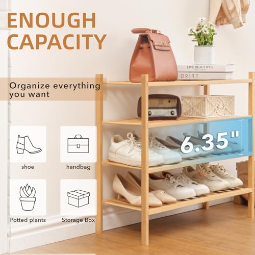 Buymoth 4 Tier Bamboo Shoe Rack Storage Organizer for Closet, Multifunctional Stackable Free Standing Shoe Shelf Organizer for Small Space,Entryway,Hallway,Bathroom 27"x11"x26"(Natural, 4 Tier) - Thumbnail 5