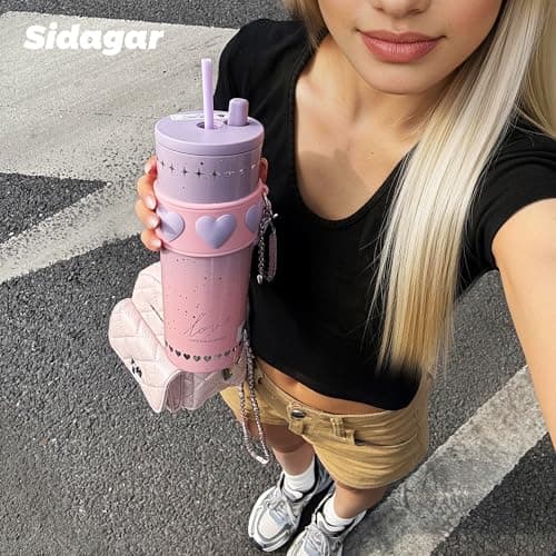 Sidagar 24 oz Stainless Steel Tumbler with Lid and Straw, Insulated Coffee Mug, Leak Proof, Portable Iced Travel Water Bottle, Reusable Thermal Coffee Cup Gift for Women, Purple - Thumbnail 6