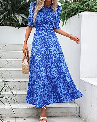 BTFBM Women Casual Summer Dresses 2026 Spring Crew Neck Ruffle Short Sleeve Smocked Floral Boho Flowy Maxi Dress Clothes(Print Blue, Large) - Thumbnail 6