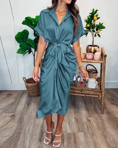 BTFBM Shirt Dresses for Women Spring Button Short Sleeve Silk Satin Ruched Maxi Summer Dress 2026 Cocktail Party Wedding(Blue Green, Small) - Thumbnail 4
