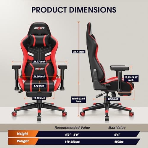 Douxlife 3D Kneading Massage Gaming Chair with Footrest, 400lbs Heavy Duty PC Computer Desk Chair for Adults, Adjustable 2D Armrests, Ergonomic 175° Recline & Optional Heat, Black&Red - Thumbnail 3