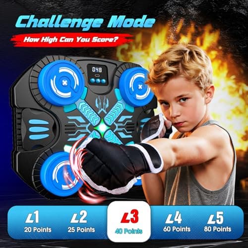 faentwc Boxing Machine with Music for Kids Sports Toy-3 Game Modes & 14 Levels, 4 5 6 7 8 9 10 Year Old Boy Girl Toys Birthday Gifts, Wall Mounted Bluetooth Punching Target with Scoring & Gloves - Thumbnail 3