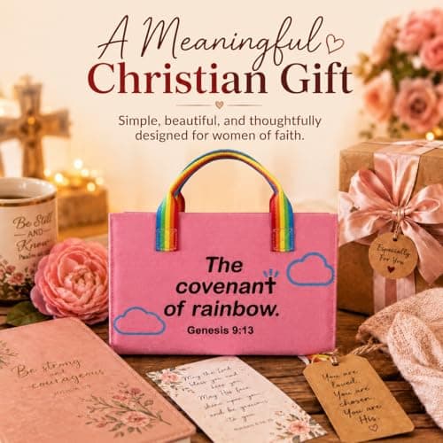 Bible Cover for Women, Zipper-Free Canvas Bible Case with Handle, Lay-Flat Design, Protective Lining, Exterior Pockets & Ribbon Bookmarks, Christian Gift for Women (2 Sizes) (Pink-Rainbow, Large) - Thumbnail 5