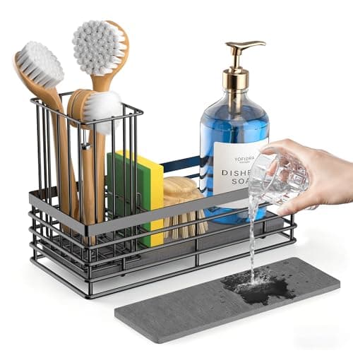 Yofidra Sponge Holder for Kitchen Sink, Sink Caddy Organizer with Stone Drying Mat, Kitchen Countertop Organizers and Storage Essentials, 304 Stainless Steel (Black, 9.29″ L) - Image 1