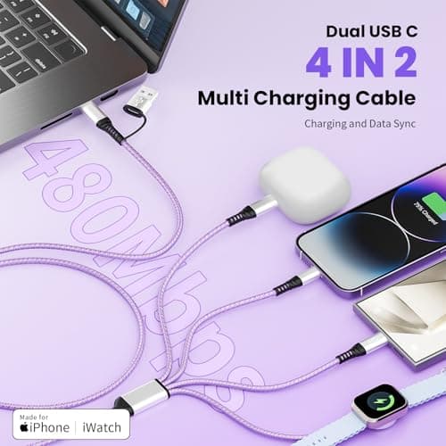 Cruise Travel Essentials 2026, Dual USB C 4 in 2 Charging Cord 5 FT, USB A/C Input, 1 C Port Data Transfer, iWatch Charger & IP, Simultaneous Charging for iPhone 17-11 iPad iWatch Series Purple, 2Pack - Thumbnail 2