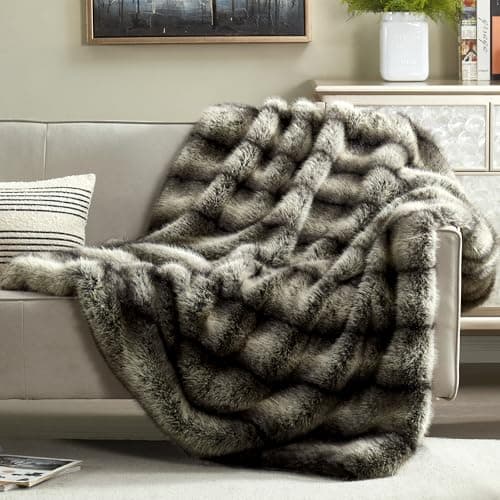 JONIYEAR High-end Premium Fuzzy Faux Wolf Fur Throw Blanket 50" x 60", Luxury Cozy Accent Thick Animal Skin Fluffy Fox Blanket for Couch Sofa, Soft Warm Gray Bear Furry Blankets for Winter, Black Grey - Image 1