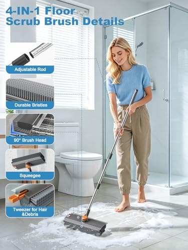 Floor Scrub Brush with Long Handle, 4 in 1 Shower Scrubber with Floor Squeegee and Heavy-Duty Stiff Bristle Push Broom for Cleaning Shower Bathroom Patio Pool Kitchen Wall Deck Tile Garage - Thumbnail 3