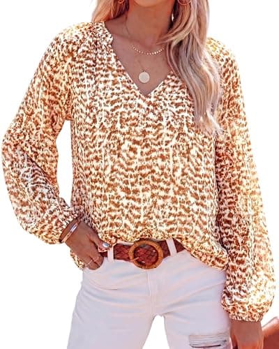 BTFBM Blouses for Women Dressy Casual Floral Summer Boho Tops V Neck Lightweight Long Sleeve Shirts Spring Clothes 2026(Print Orange, Small) - Image 1