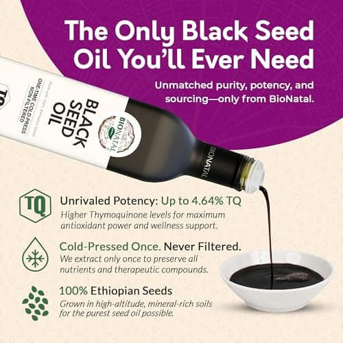 BioNatal Ethiopian Black Seed Oil – Cold Pressed Nigella Sativa Producing Black Cumin Seed Oil, Unrefined & Non-Filtered, High TQ Up to 4.64% – Supports Immune System, Digestion & Joints 16oz Glass - Thumbnail 4