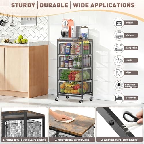 SUNALLY Rolling Kitchen Cart with Drawers, 4-Tier Utility Cart Fruit Vegetable Storage Cart with Lockable Wheels, Wooden Top Metal Kitchen Storage Organizer for Cans, Snacks, Beauty, Craft, Art, Black - Thumbnail 3