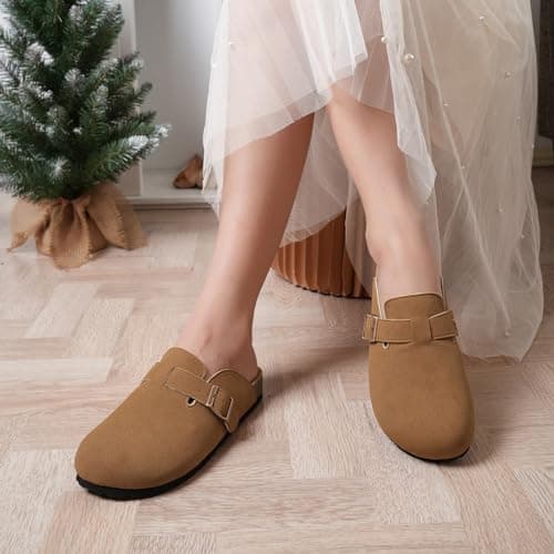 Dumalum Suede Brown Clogs for Women & Men - Comfort Cork Footbed with Arch Support - Adjustable Buckle Mules Slip-On Sandals Unisex Potato Shoes Home Slippers - Thumbnail 2