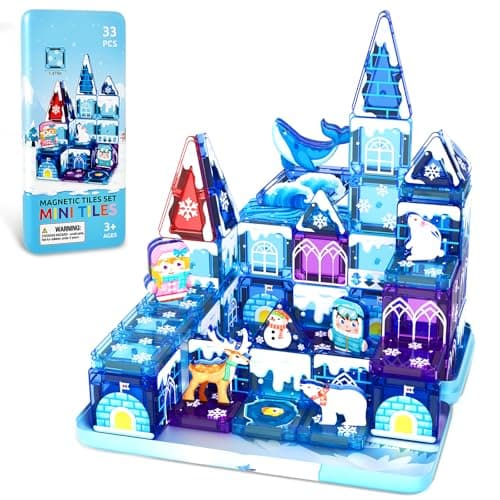 33PCS Mini Magnetic Tiles - Arctic Animals Theme Toddler Travel Essentials Set with Case, Magnetic Building Blocks Kids Games Montessori Preschool Sensory Toys for 3+ Year Old Boys Girls Gifts