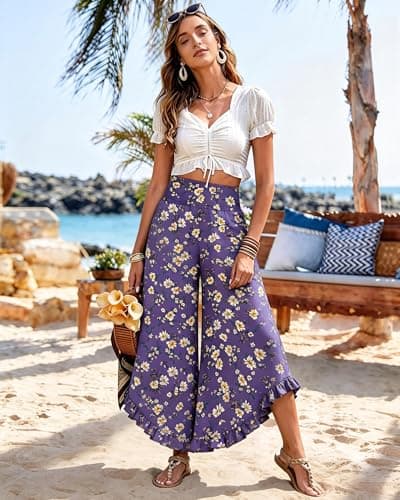 IEEILULU Wide Leg Pants for Women - Beach Pants for Women Flowy Floral Palazzo Pants High Waisted Pants Beach Vacation Outfits Purple Yellow Flower L - Thumbnail 3