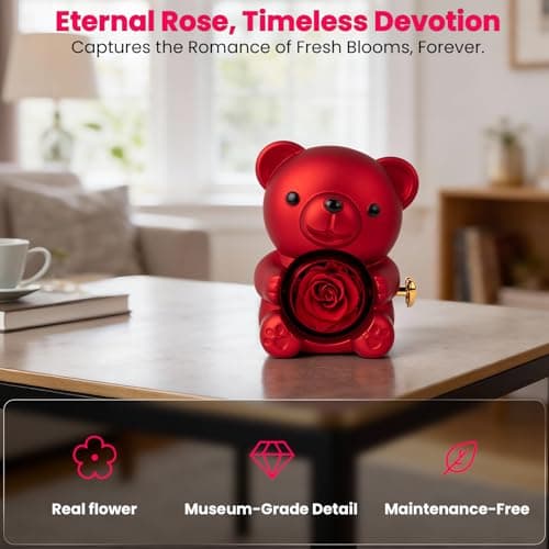 mountova Teddy Bear with Preserved Rose Flower in Bear with Necklace and Box for Women Romantic Bear Roses Gifts for Valentines Mothers Day Anniversary Day Birthday (Red) - Thumbnail 3