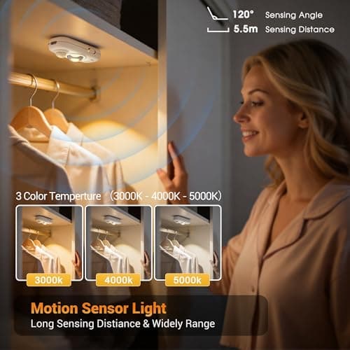 JandCase Under Cabinet Lighting, [6 Pack] Rechargeable Battery Operated Motion Sensor Light Indoor, 3000K/4000K/5000K Wireless Magnetic Dimmable Closet Lights for for Kitchen, Stairs - Thumbnail 2
