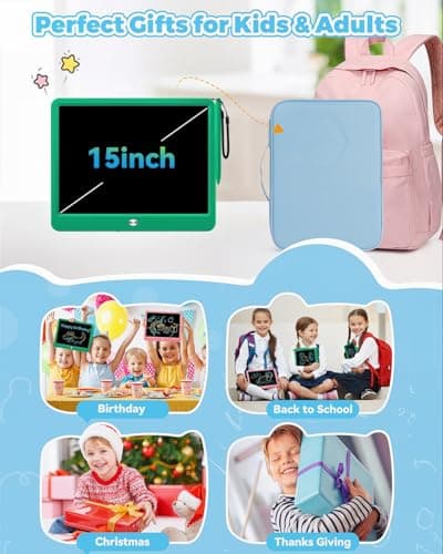 KOKODI 15 Inch LCD Writing Tablet with Anti-Lost Stylus, Erasable Doodle Board Colorful Toddler Drawing Pad, Car Travel School Games Toys for 3 4 5 6 7 8 Kids, Birthday Gift for Girls Boys Green - Thumbnail 4
