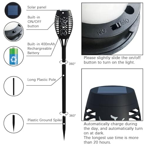 AOUNQ Solar Lights Outdoor, Upgraded 10 Pack Purple Solar Torch Lights Outdoor Flickering Flame for Garden Decor, Waterproof Outdoor Lights Solar Powered, Tiki Torches for Outside Yard Pathway Decor - Thumbnail 6