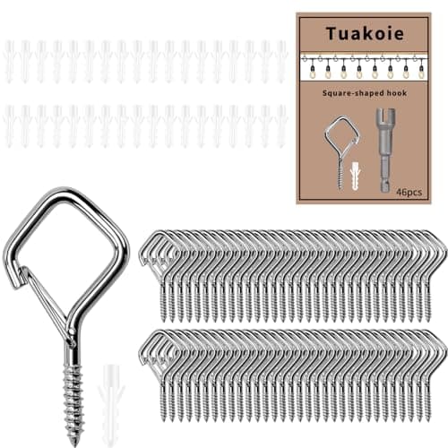Tuakoie 46 Pack Mini Screw in Hooks with Safety Buckle, Silver Ceiling Hooks for Hanging Plants, Outdoor String Lights, Bird Feeders, Cups & Home Decor, Windproof Metal Eye Hooks Screw, 1.65IN - Image 1