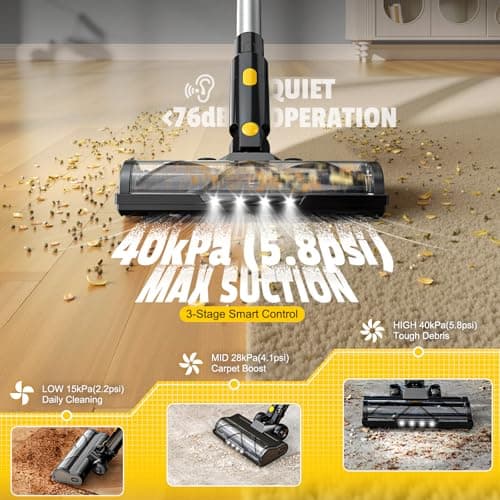 LIVOWALNY Cordless Vacuum Cleaner Compatible with DeWalt 20V Battery, 350W Brushless 40kPa Suction, 0.8L Dual Dust Cup, LED Floor Brush & 180° Flex Wand for Hardwood & Carpet (Battery Not Included) - Thumbnail 2
