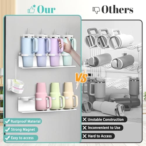 Magnetic Cup Holder for Fridge,8 Cups Water Bottle Organizer for Stanley 30 40 oz with Tumbler Lid Organizer,High Capacity Heavy Duty Kitchen Storage Rack Accessories - Thumbnail 6
