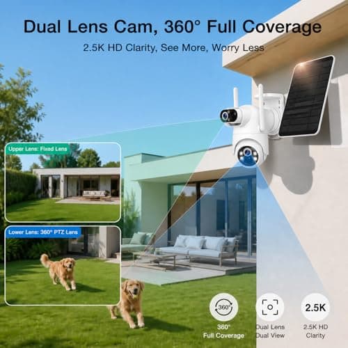 Dual Lens Solar Security Camera Wireless Outdoor – 2.5K HD No Blind Spot with PIR Motion Detection, 360° PTZ, Full Color Night Vision, 5G/2.4GHz WiFi, IP65 Waterproof for Home, Business & Outdoor Use - Thumbnail 2
