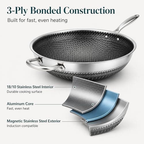Boryenty 12 Inch Stainless Steel Honeycomb Wok with Standing Lid, Flat Bottom Stir Fry Pan, PFOA-Free Physical Nonstick, Induction Compatible & Dishwasher Safe Wok - Thumbnail 3