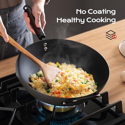 FGJ Wok, 13 Inch Carbon Steel Wok Pan Set 6PCS & Stir-fry Pans Nonstick, Pre-Seasoned 5.8QT Flat Bottom Chinese Woks Roasting Pan Set, Carbon Steel Cookware, Compatible with All Cooktops - Thumbnail 6