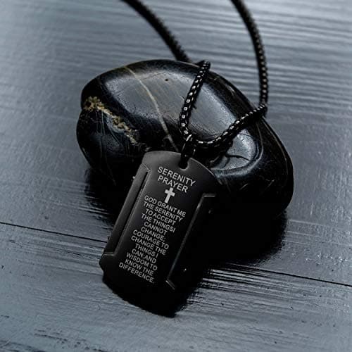 Rehoboth Men's Stainless Steel Dog Tag Bible Verse Serenity Prayer Cross Pendant Necklace for Men Women 24 Inch Chain Black - Thumbnail 4