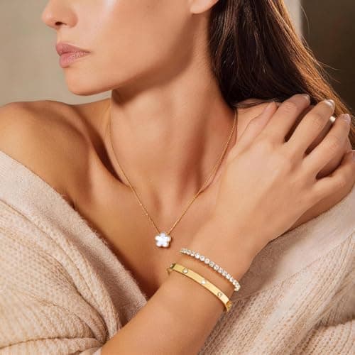 Gold Bracelets Necklace Jewelry Set - 3Pcs 18K Gold Plated Floral Bracelet,Waterproof Stainless Steel Bangles, Non-Tarnish Necklaces Daily Minimalist Trendy Jewelry,Valentines Birthday Gift for Women - Thumbnail 3