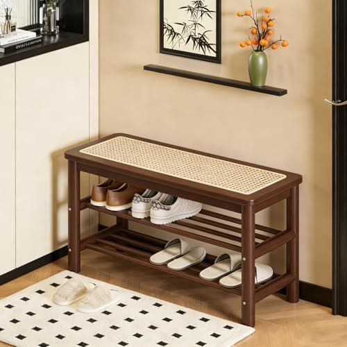 latifolia Shoe Rack Bench, 3-Tier Bamboo Shoe Bench with Breathable Rattan Seat Cushion, Shoe Storage Rack for Entryway(Walnut,23.62''L) - Thumbnail 3