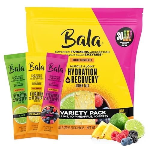 Bala Total Body Wellness Drink Mix, Hydrate & Recover Variety Pack, Pineapple, Lime & Berry, 10 Per Flavor, Zero Sugar Electrolytes Powder Packets with Enzymes & Amino Acids, Turmeric Drink, 30 Sticks