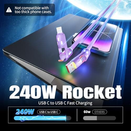 240W USB C Cable,4 in 1 Charging Cable Fast Charging & Data Sync,Multi USB Charging Cable with Breathing Light,Charger Cord for iPhone 16/15 14 13 iPad Samsung Galaxy MacBook iPad Tablets,Purple 5Ft - Thumbnail 3
