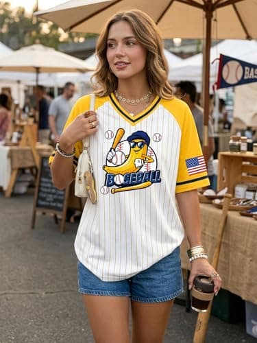 Baseball Jersey for Women Striped Baseball Shirts Funny Game Day Tshirt V Neck Fan Jersey Tee Tops - Thumbnail 5