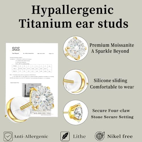 3 Pairs Moissanite Stud Earrings in 14K Gold Plated Titanium | HypoAllergenic Earrings for Women & Men (Gold 3/4/5mm) - Thumbnail 4