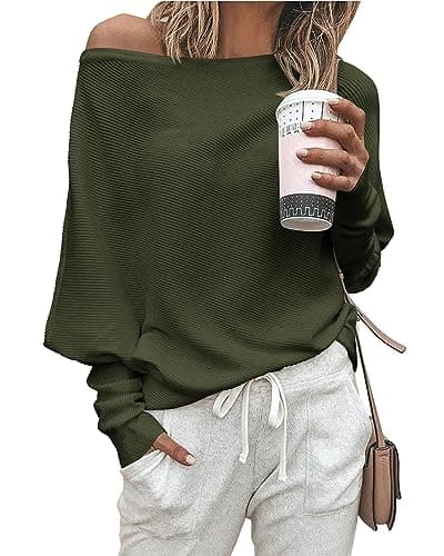 Zenlonr Women's Fall Winter Sweaters 2026 Casual Long Batwing Sleeve Loose Off Shoulder Knit Pullovers Jumper Tops(Army Green,Small)