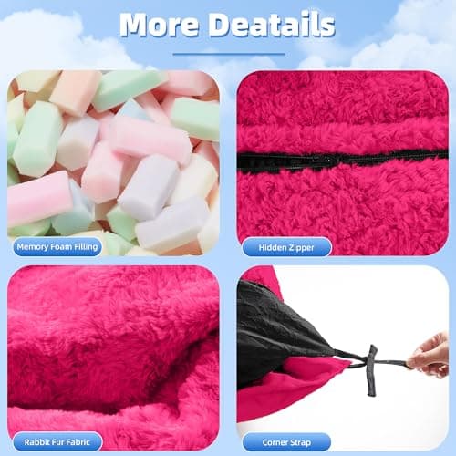 HABUTWAY 4 in 1 Bean Bag Chair, Giant Memory Foam Filling Bean Bag Sofa, Adult Bean Bag Chair, Machine Washable Faux Fur Cover, Bean Bag for Adult (Rose Red) - Thumbnail 4
