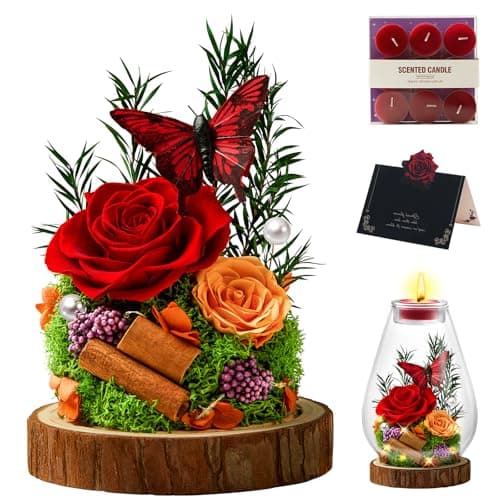 Mother's Day Birthday Gift Preserved Flowers Roses Candle Holder in Glass Dome Gift for Mom Forever Flowers for Anniversary Valentine's Real Flowers Eternal Rose for Proposal Wedding-Red - Image 1
