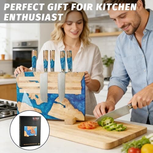 Premium Artisan Magnetic Knife Block - Double Sided 20 Knife Holder - Handcrafted Burl Wood & Blue Resin River Design - Stable Countertop Stand - Professional Kitchen Storage(No Knife) - Thumbnail 6