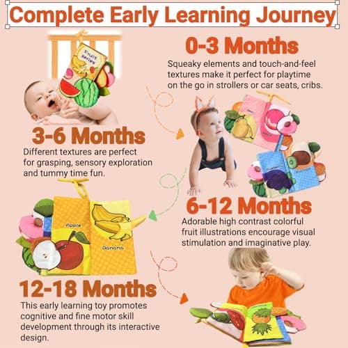 chochumy Baby Crinkle Books 0-6-12 Months, Infant Soft Cloth Tummy Time Toy for Babies 0-3-4-5-7-8-9-12-18 Month Old, Newborn Girl Boy Gifts Touch Feel Sensory Fruit Travel Book Easter Basket Stuffers - Thumbnail 2