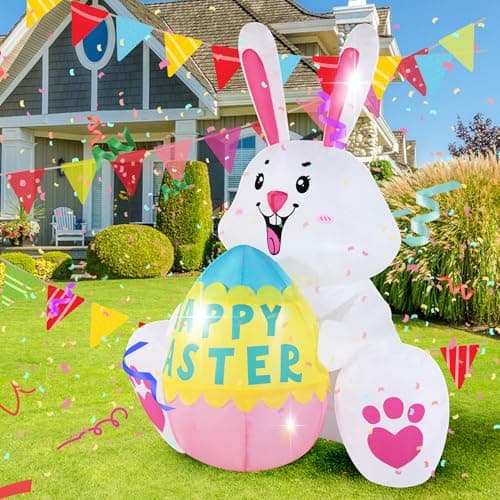 GIFTFIND 3.6FT Easter Inflatables Bunny with Egg - Brighter LED Lights, Quick Inflation Outdoor Yard Decoration, Holiday Inflatable for Patio Garden Lawn, Cute Ear Bunny Rabbit Gifts - Thumbnail 2
