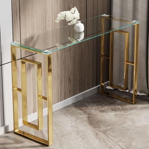BOWEI Gold Glass Console Table, Farmhouse Narrow Entryway Table with Gold Thickened Stainless Legs, 47-Inch Narrow Long Sofa Table for Entrance, Hallway, Foyer, Living Room, Easy Assembly - Image 1