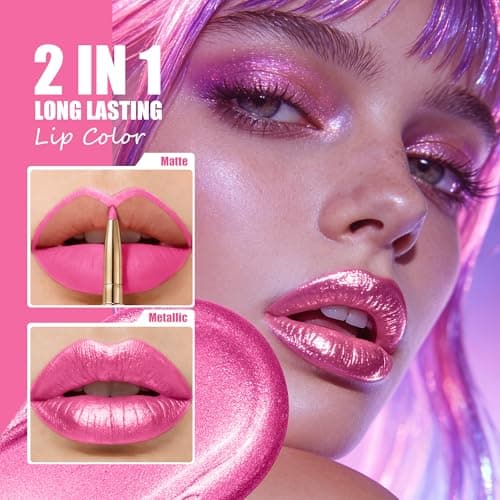 Nude Metallic Lipstick and Lip Liner Combo Makeup 2-in-1 Shimmer Glitter Lipsticks for Women, Metallic Lip Gloss Stain Waterproof Smudgeproof Mude Pink Long Lasting Lipsticks (GB22 Rose Lolita) - Thumbnail 3