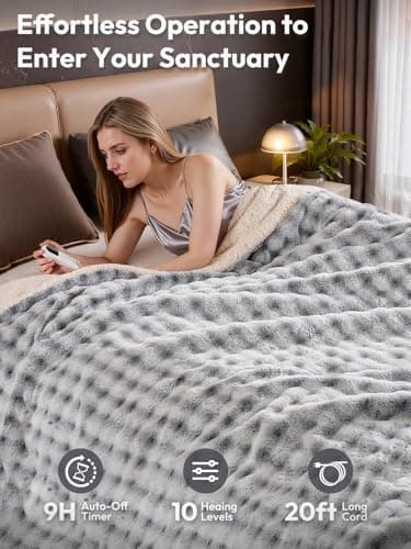 WOOMER Heated Blanket Full Size 77"x 84", Luxury Faux Fur Electric Blanket with 10 Heat Levels, Ultra Soft Heating Blanket with 9H Auto Off, ETL Certified & Machine Washable - Thumbnail 5