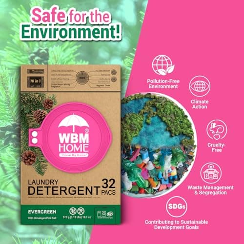 WBM Laundry Detergent Pods - Ultra-Concentrated, Hypoallergenic, Stain-Fighting, Evergreen Scent, 32-Pack, Recyclable Packaging for Eco-Friendly Cleaning - Thumbnail 4