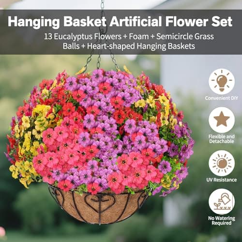 LetuoClips Artificial Hanging Flower for Outdoors, Fake Hanging Basket for Outside,1 Hanging Basket with 13 Pcs Faux Silk Flowers for Porch, Balcony and Patio Decor(Mixed) - Thumbnail 3