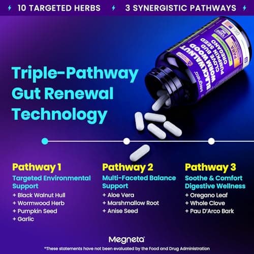 MEGNETA Wormwood Black Walnut Clove Cleanse for Humans, Intestinal Cleanse & Gut Detox with Pumpkin Seed & Oregano, Vegan Digestive Support for Adults, 60 Capsules, Unflavoured - Thumbnail 6