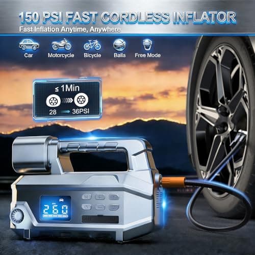 Car Jump Starter with Air Compressor & 950LM LED Light, 6000A 150PSI Peak Portable Jumper Pack, 12V Jump Box Combo with Jumper Cables, Auto-Shutoff Tire Inflator (Up to 9L Gas/7.5L Diesel) - Thumbnail 3
